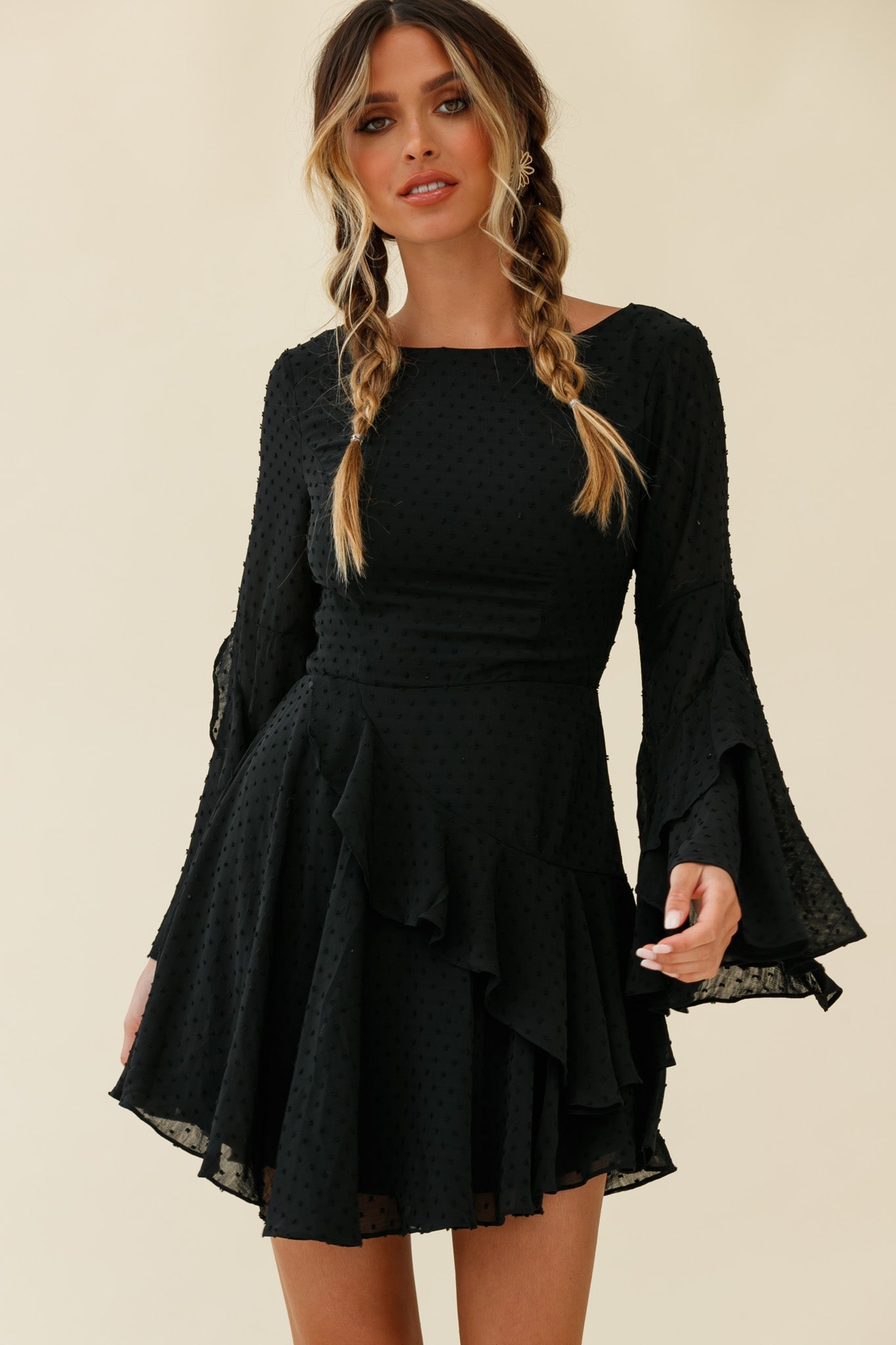 Carlini Flared Sleeve Boat Neckline Dress Black
