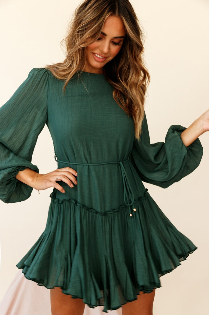 Rosabel Balloon Sleeve Fluted Hem Dress Green