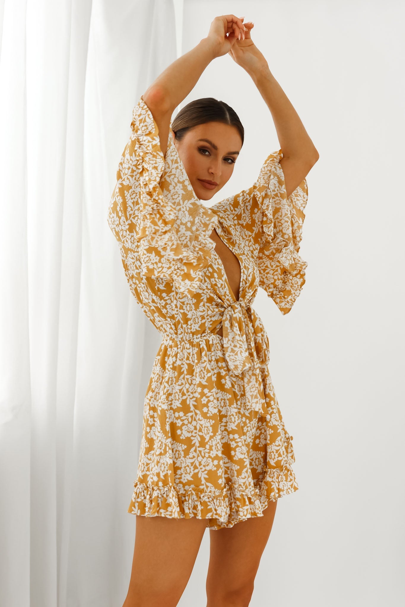 Athira Tied Bust Flared Sleeve Floral Stencil Print Romper Yellow