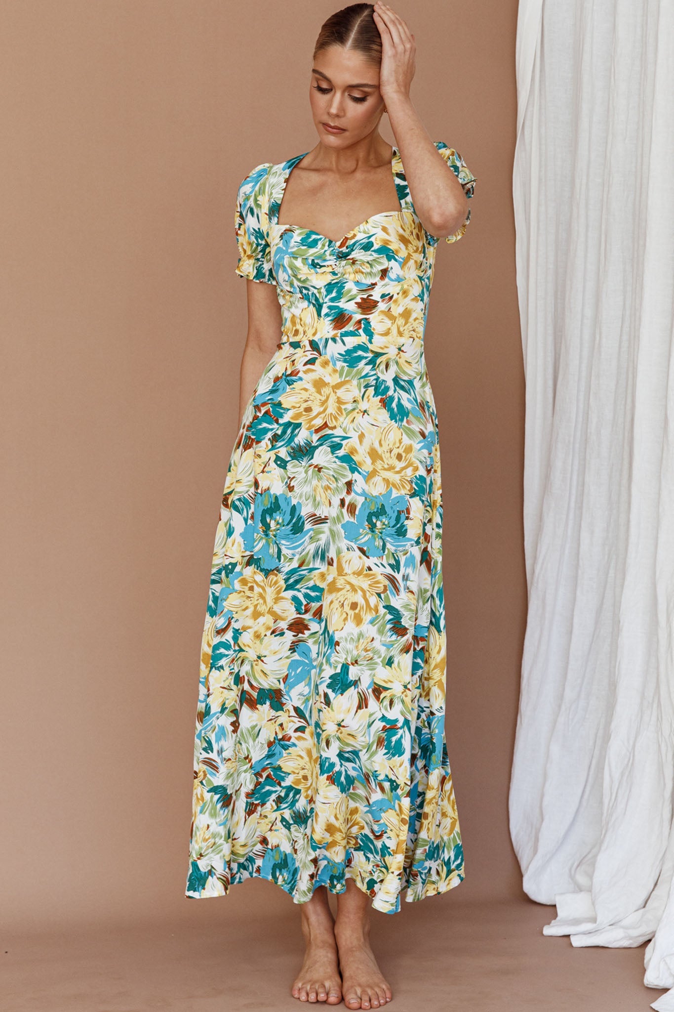 Montebello Puff Sleeve Maxi Dress Floral Blue/Yellow