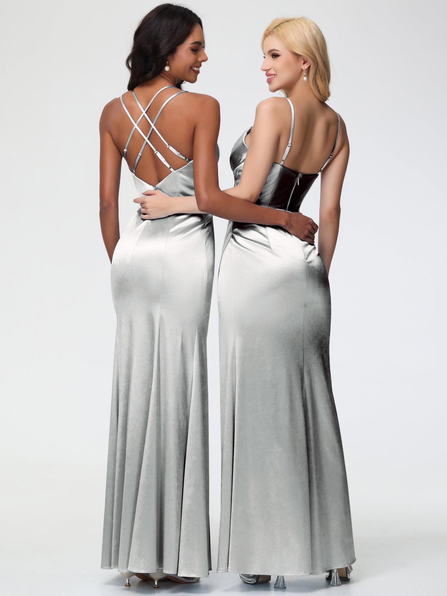 Bridesmaids Dresses Silver Charming Spaghetti Straps Pleated Stretch Satin Bridesmaid Dress With Slit
