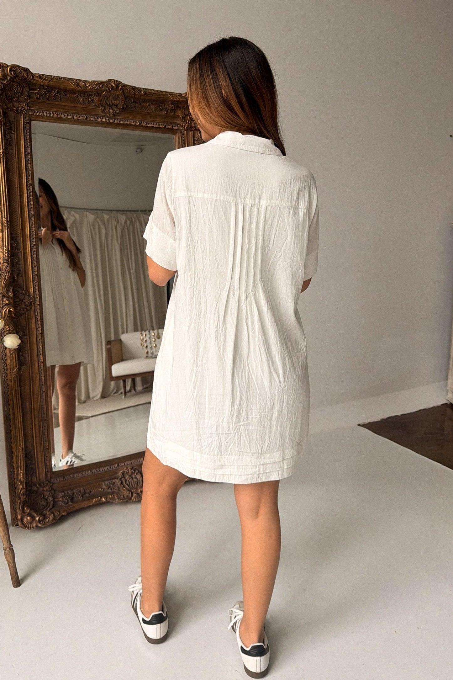 Jenny White Pleated Button-Up Mini Dress