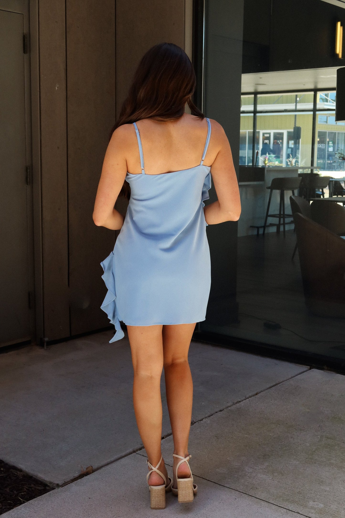 Cecilia Blue Cowl Neck Ruffled Mini Dress