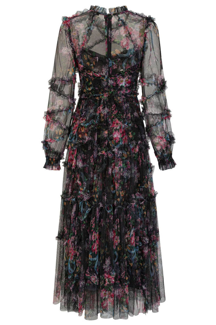 Mock Neck Floral Long Sleeves Tulle Tiered Ruffle Bridesmaid Dresses