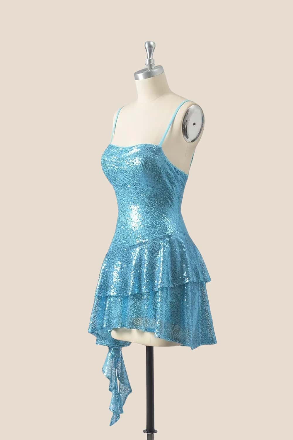 Straps Blue Sequin Ruffle A-line Short Dress