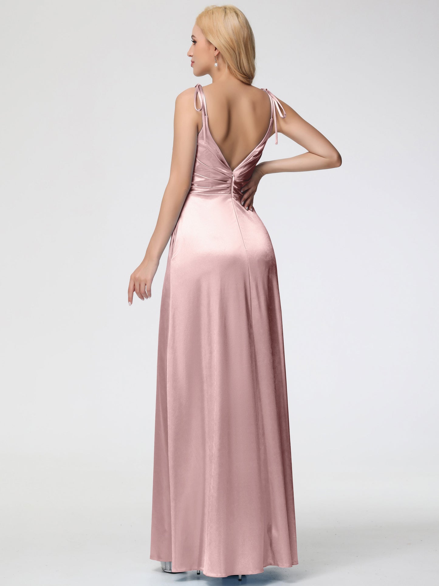 Bridesmaid Dresses Dusty Rose Spaghetti Straps V-Neck Ruched Floor Length Stretch Satin Bridesmaid Dress With Slit