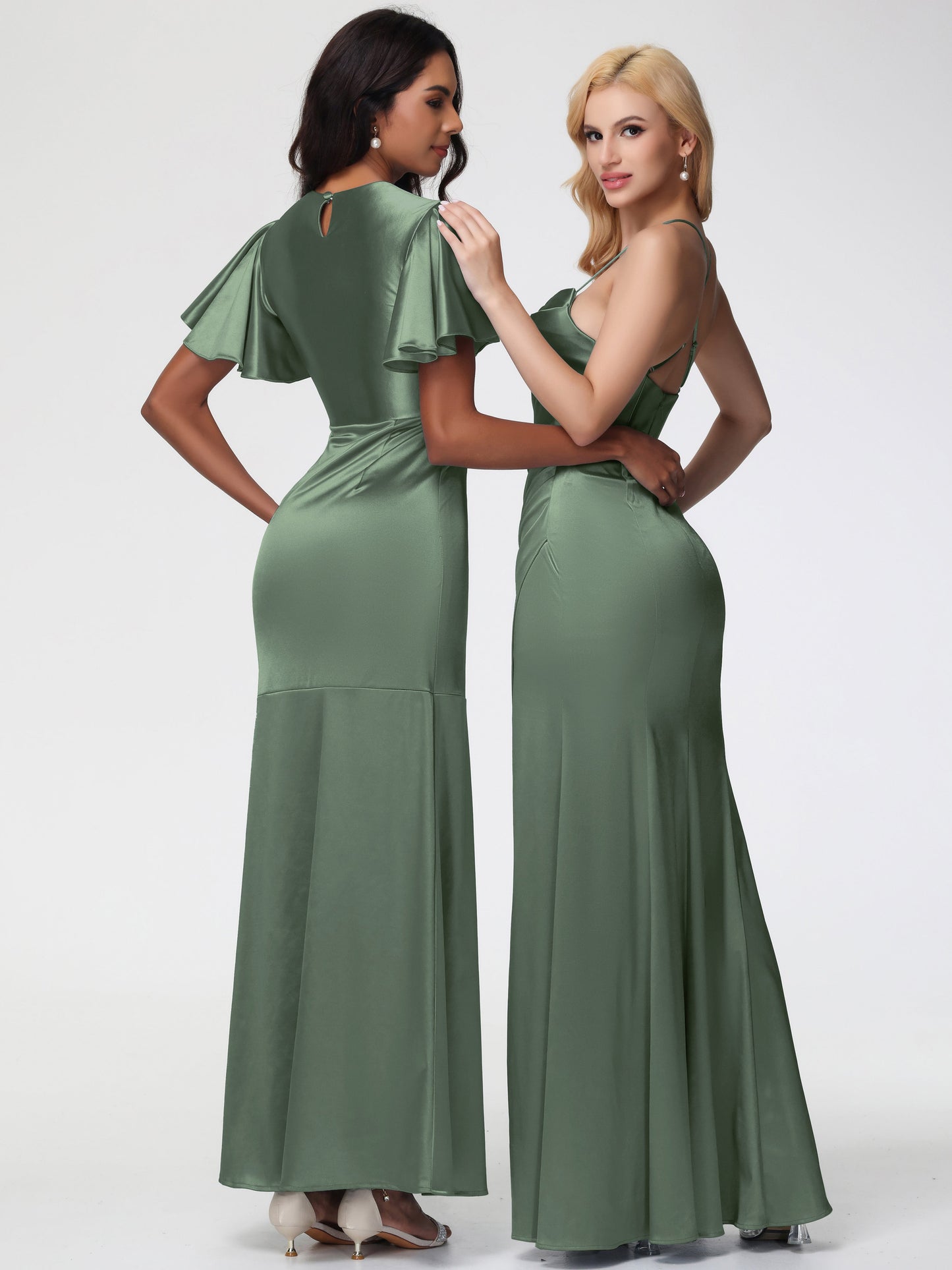 Bridesmaid Dress Olive Green Sleeveless Cowl Spaghetti Straps Trumpet/Mermaid Split Stretch Satin Bridesmaid Dresses