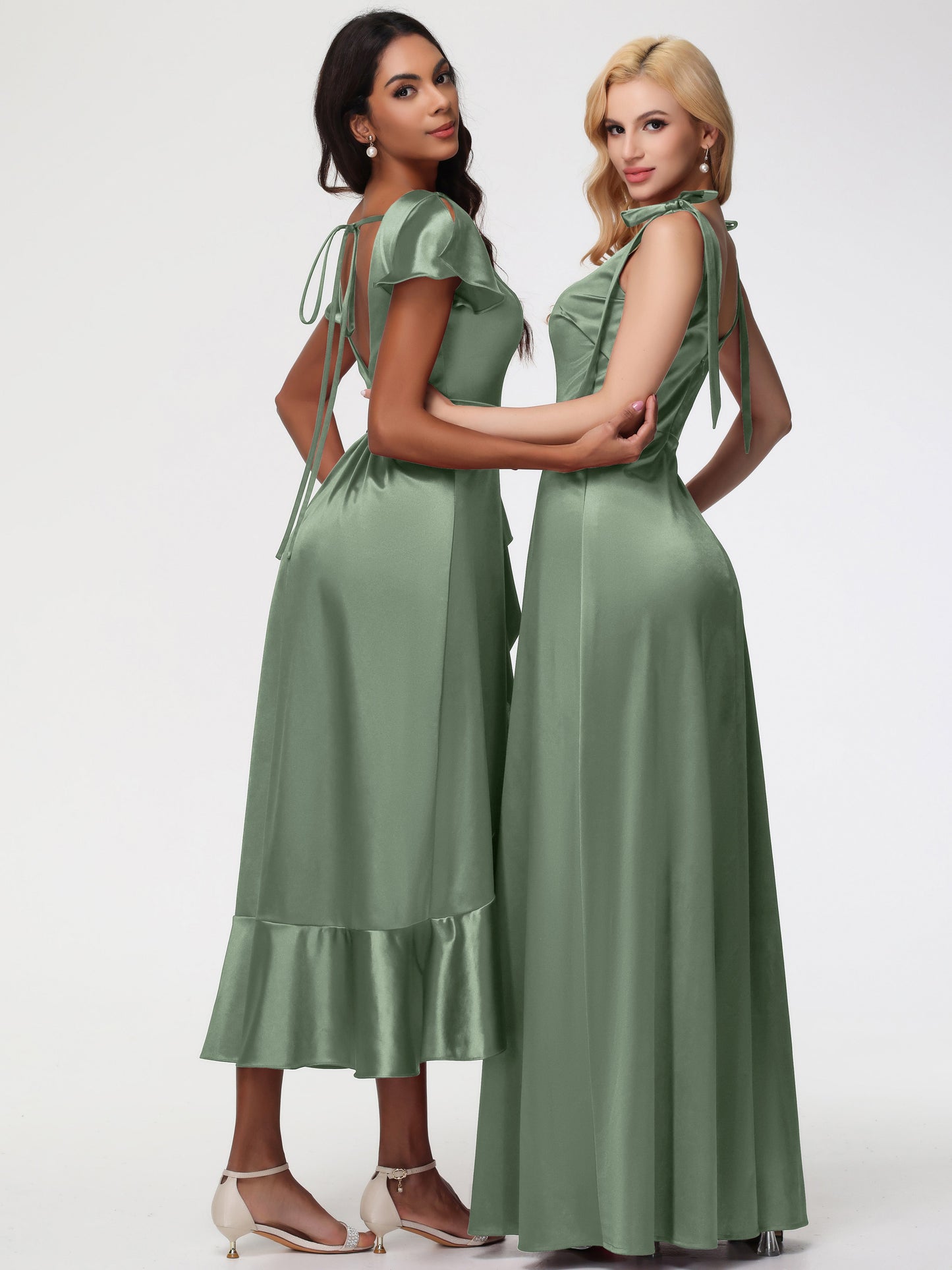 Dusty Sage Bridesmaid Dress Tea-Length Short Sleeves Ruffles A-Line Stretch Satin Bridesmaid Dresses