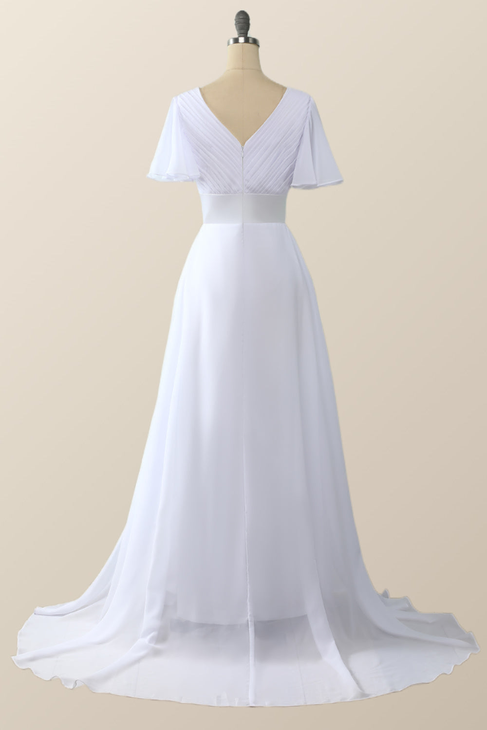 Pleated Pink Flare Sleeves Chiffon Long Bridesmaid Dress