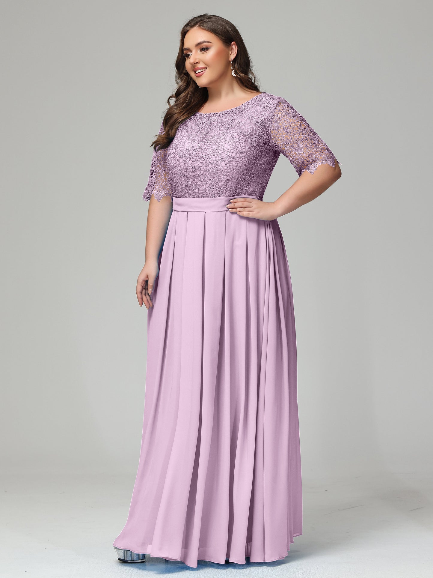 Illussion Neckline and Back Half Sleeves Scoop Lace Plus Size Bridesmaid Dresses