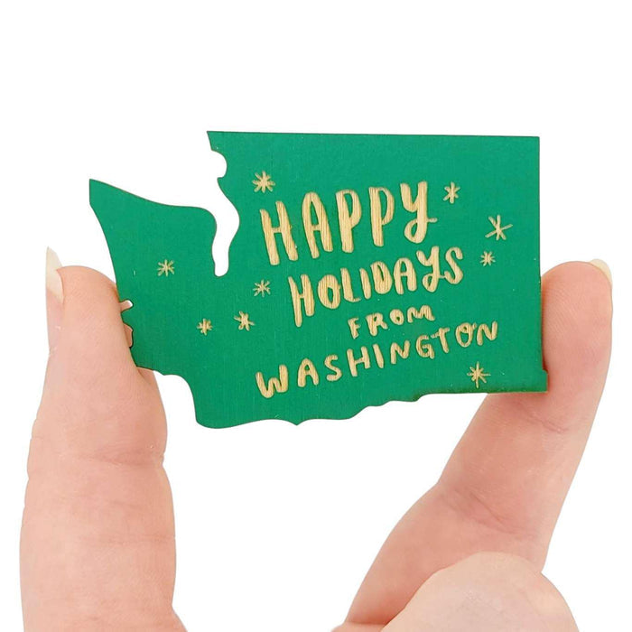 Wooden Magnet - Small - Happy Holidays WA State (Red or Green) by SnowMade