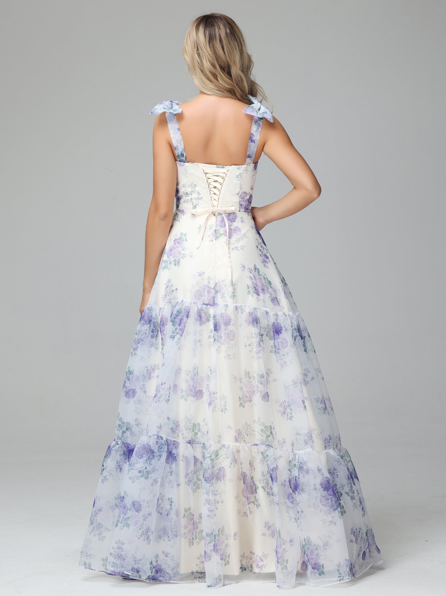 Elegant Floral Print Lace Up Floor Length Bridesmaid Dresses