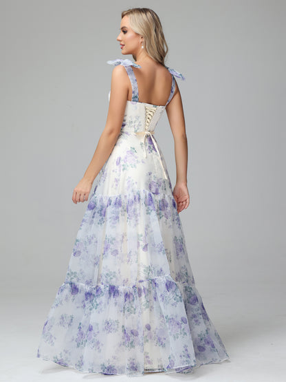 Elegant Floral Print Lace Up Floor Length Bridesmaid Dresses