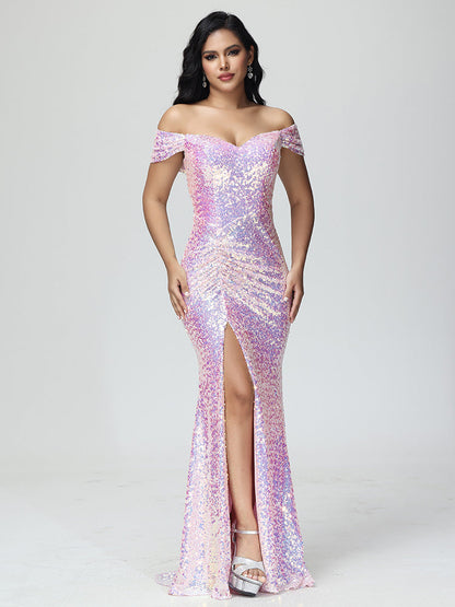 Sparkle Off The Shoulder Mermaid Sequins Bridesmaid Dress With Slit