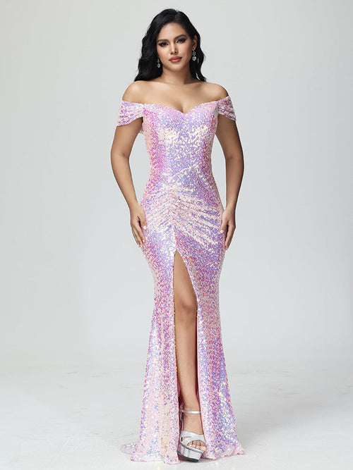 Sparkle Off The Shoulder Mermaid Sequins Bridesmaid Dress With Slit