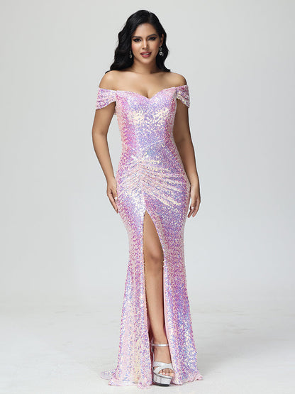 Sparkle Off The Shoulder Mermaid Sequins Bridesmaid Dress With Slit