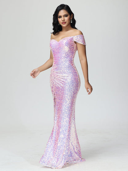 Sparkle Off The Shoulder Mermaid Sequins Bridesmaid Dress With Slit
