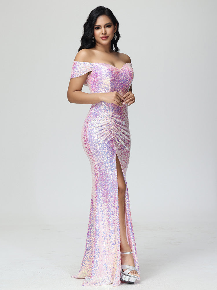 Sparkle Off The Shoulder Mermaid Sequins Bridesmaid Dress With Slit