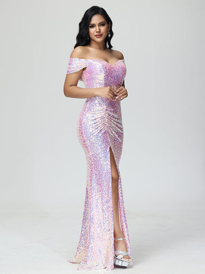 Sparkle Off The Shoulder Mermaid Sequins Bridesmaid Dress With Slit