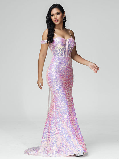 Off Shoulder Lace Up Sequins Bridesmaid Dress With Slit