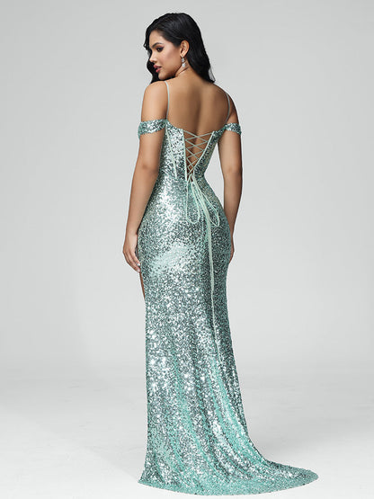 Off Shoulder Sweep Train Sequins Bridesmaid Dress