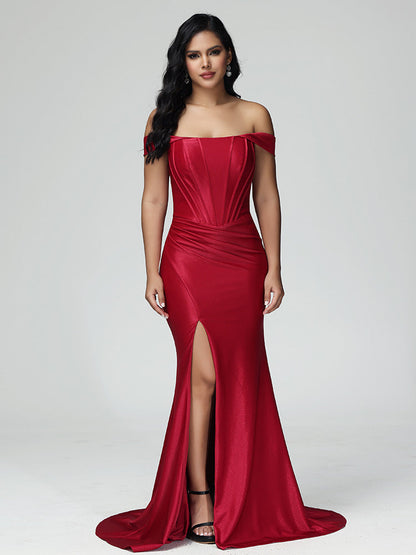 Simple Off The Shoulder Strapless Zipper Satin Bridesmaid Dress