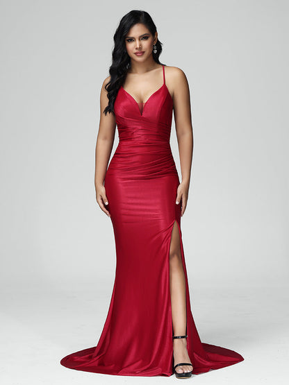 Spaghetti Straps V Neck Mermaid Backless Satin Bridesmaid Dress