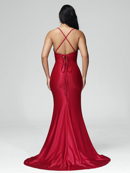 Spaghetti Straps V Neck Mermaid Backless Satin Bridesmaid Dress