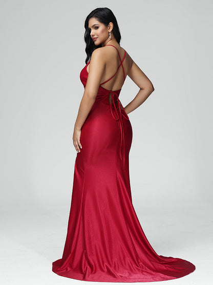 Spaghetti Straps V Neck Mermaid Backless Satin Bridesmaid Dress