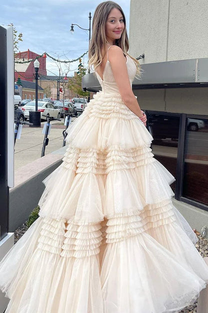 Pink Tiered Ruffle Long Ball Gown with Straps