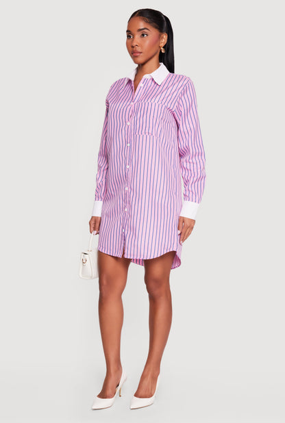 Striped Poplin Button Front Mini Shirt Dress