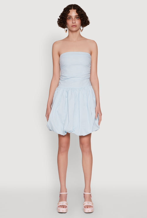 Chic Strapless Poplin Dress with Bubble Hem and Tie Back
