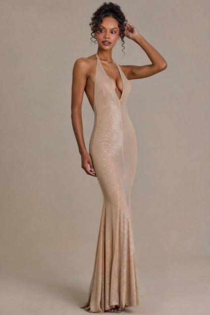 Embellished Plunge-Neck Open-Back Gown in Sand