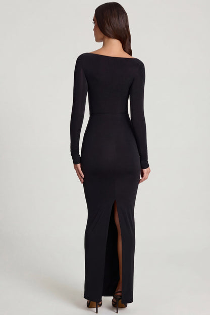 Soft Jersey Boat-Neck Tie-Gather Maxi Dress in Black