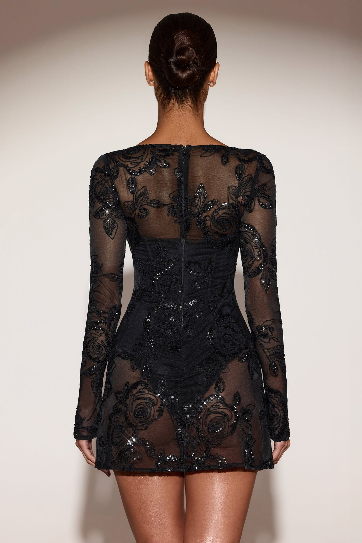 Sheer Embellished Bodysuit Corset Mini Dress in Black