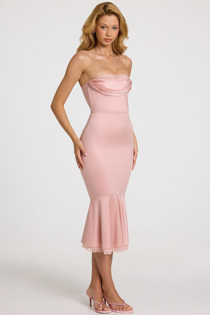 Satin Lace-Trim Bandeau Fluted Midaxi Dress in Blush Pink