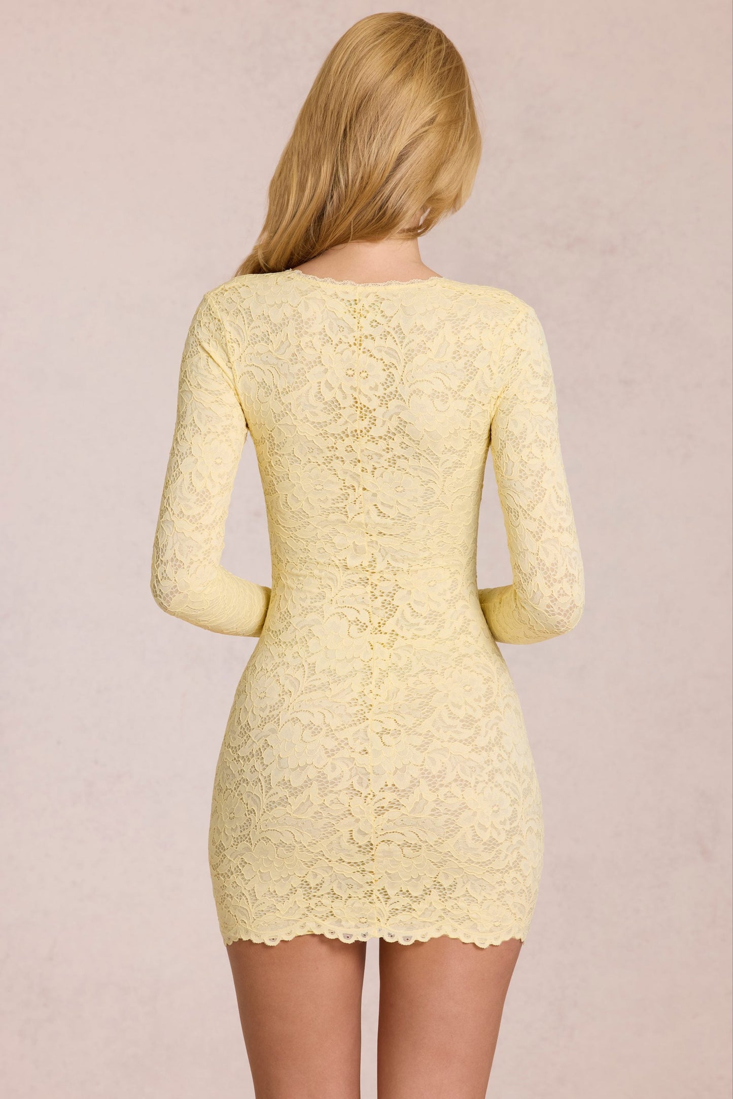 Scalloped-Lace Long-Sleeve Mini Dress in Lemon Yellow