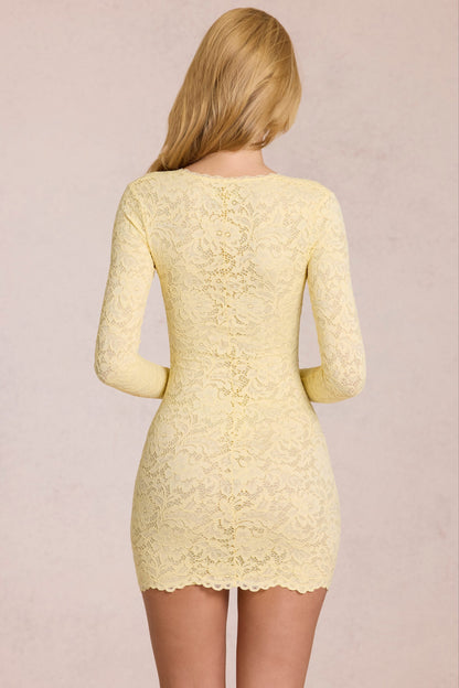 Scalloped-Lace Long-Sleeve Mini Dress in Lemon Yellow