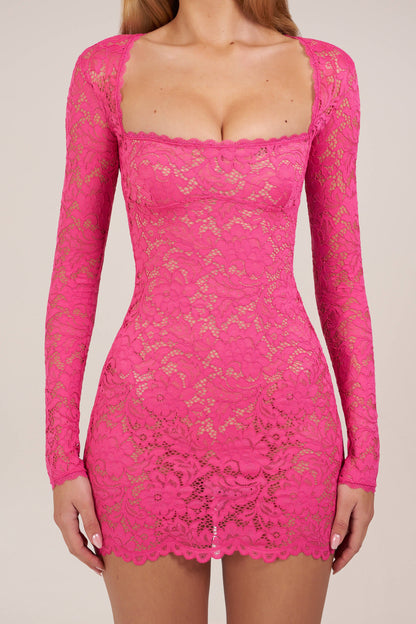 Sheer Scalloped-Lace Long-Sleeve Mini Dress in Hot Pink