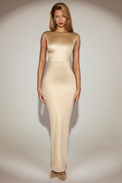Satin Boat-Neck Twist-Back Maxi Dress in Champagne