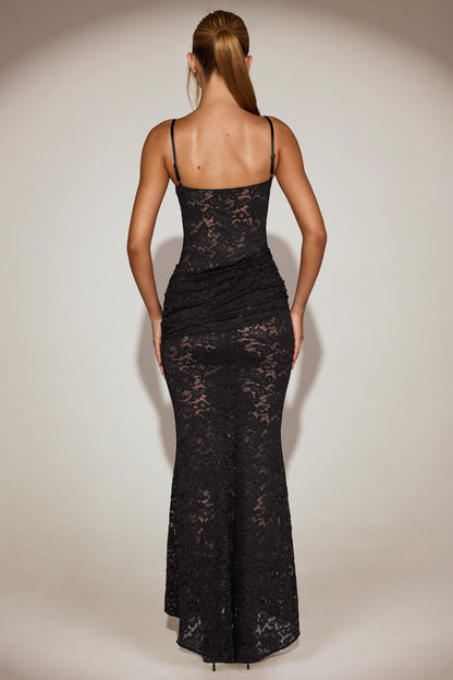 Sheer Lace Square-Neck Ruched Gown in Black