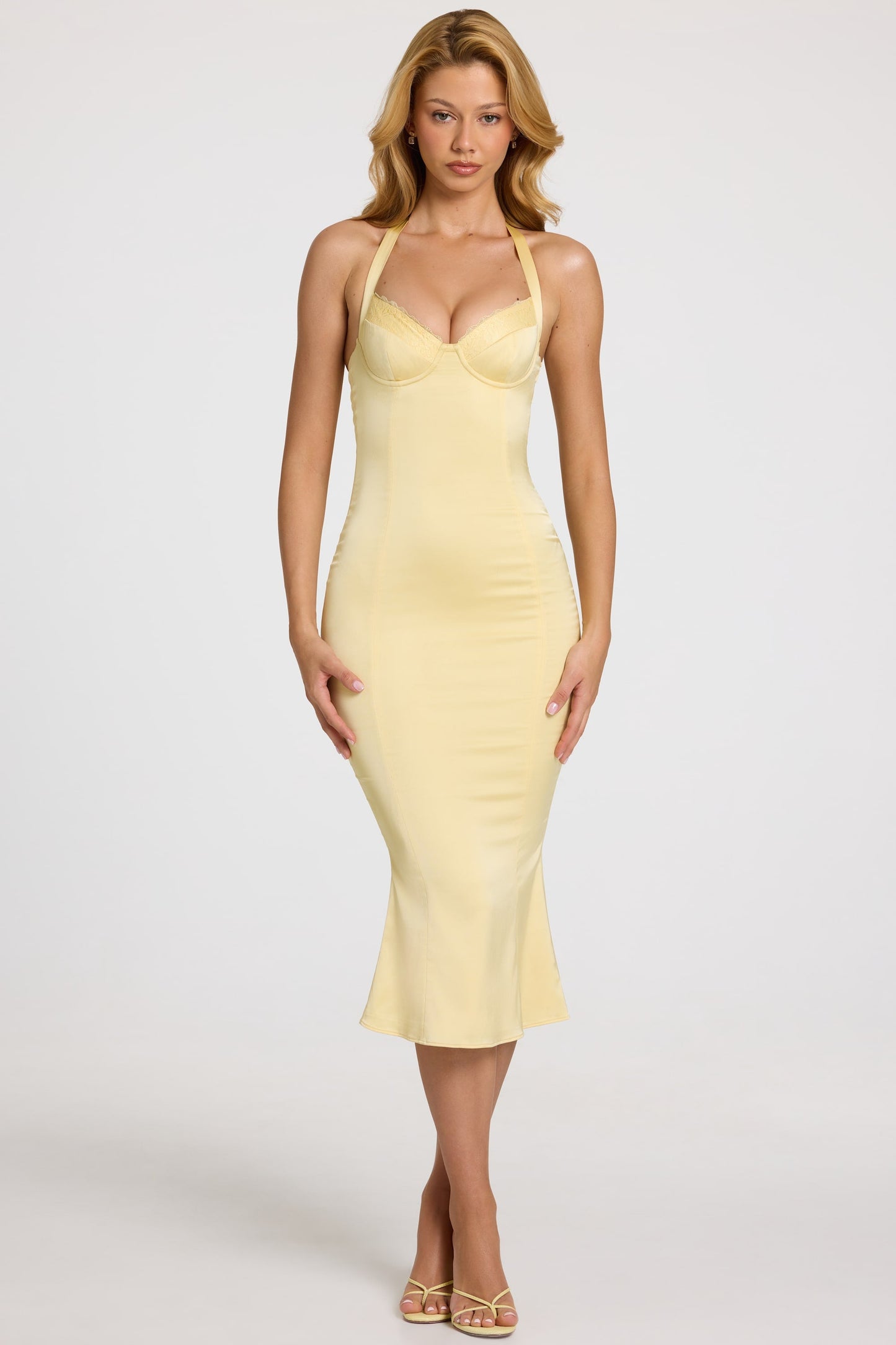 Satin Sweetheart Bustier Fishtail Midaxi Dress in Butter Yellow