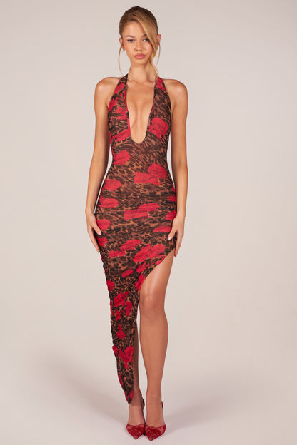 Halterneck Split Hem Midaxi Dress in Rose Leopard Print