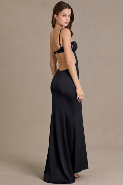 Satin Embellished Bralette Gown in Black