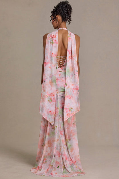 Embellished Scarf-Detail Maxi Dress in Pink Floral Print