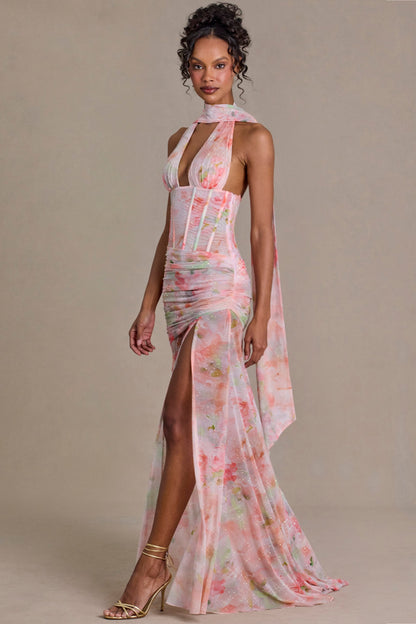 Embellished Scarf-Detail Maxi Dress in Pink Floral Print