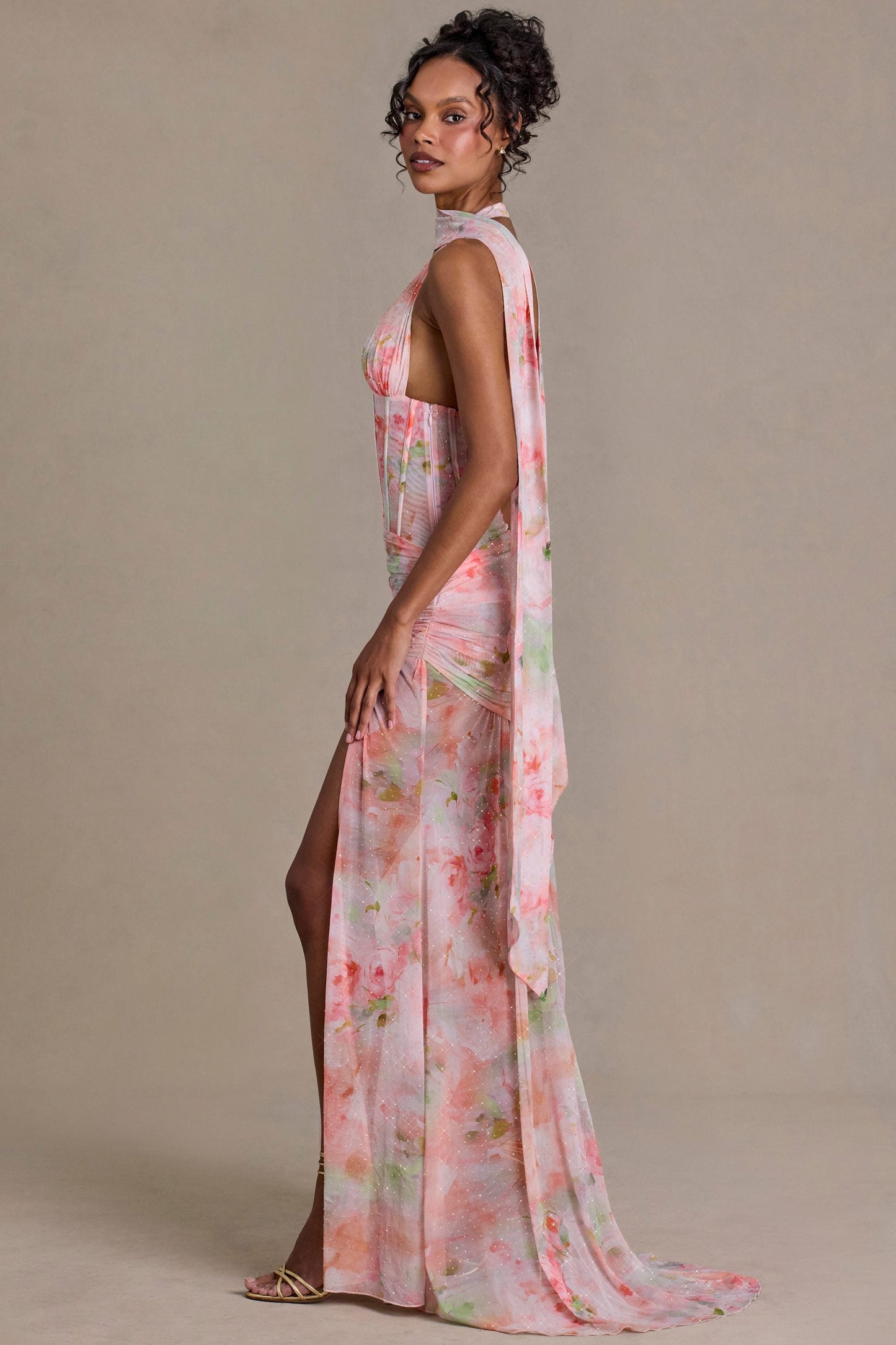 Embellished Scarf-Detail Maxi Dress in Pink Floral Print