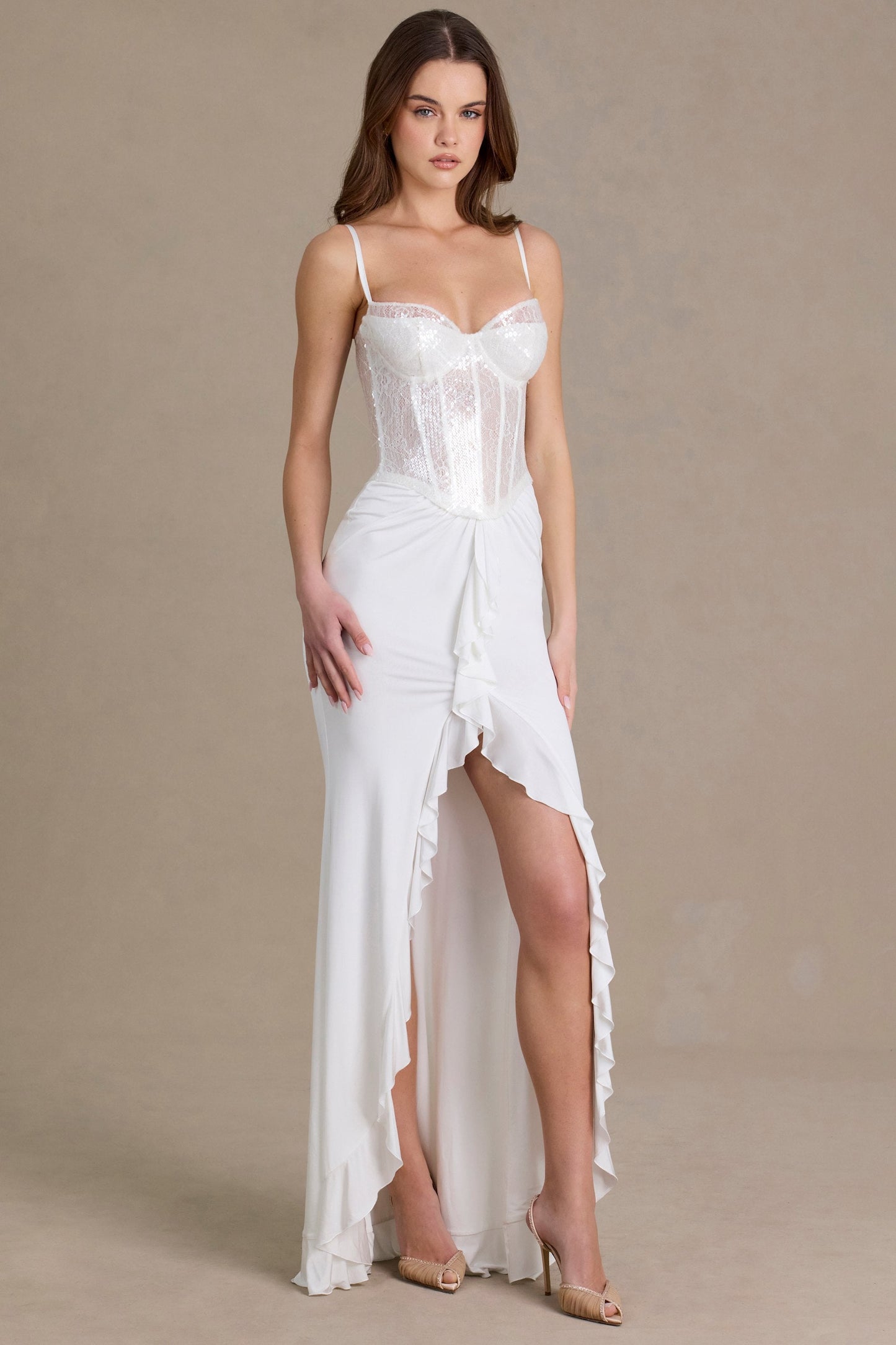 Embellished Lace Corset Gown in Snow