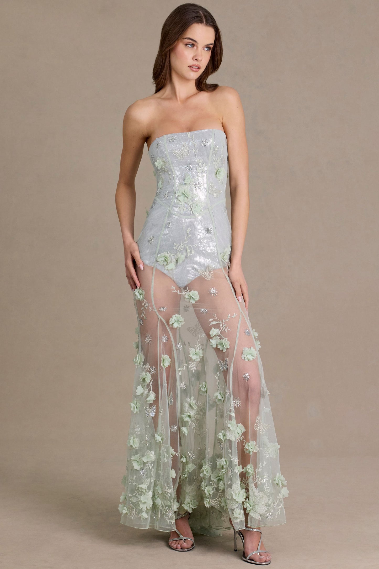 Embellished Tulle Corset Gown in Sage Green
