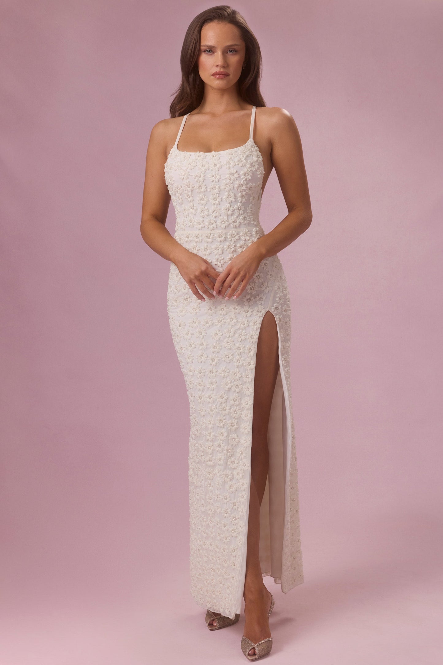 Embellished Square Neck Maxi Dress in Pearl